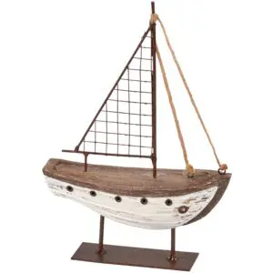 rustic wooden sailboat decor on metal stand