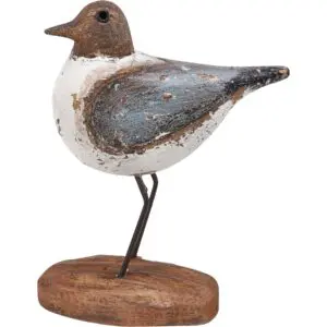 Distressed wooden shorebird sculpture on base