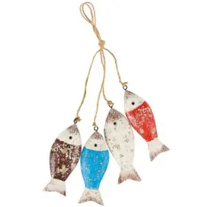 Four hanging wooden fish ornaments on twine