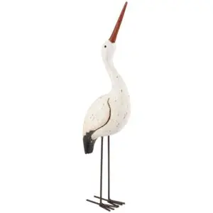 White wooden bird sculpture with long beak