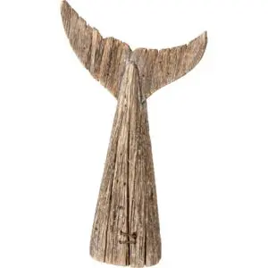 Driftwood whale tail sculpture on white background