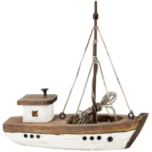 Rustic wooden model boat with mast