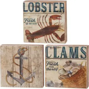 Nautical-themed seafood decor signs