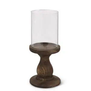 Large Glass Cylinder with Wood Pedestal Candleholder