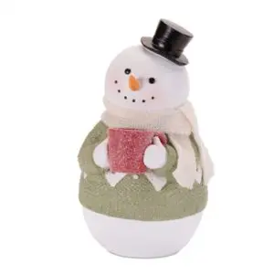 Green Sweater Snowman with Hot Coco