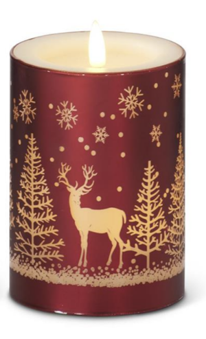 Small LED Red Candle with Snowflakes and Reindeer