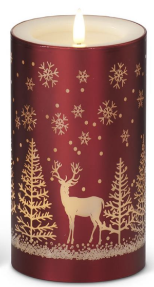Medium LED Red Candle with Snowflakes and Reindeer