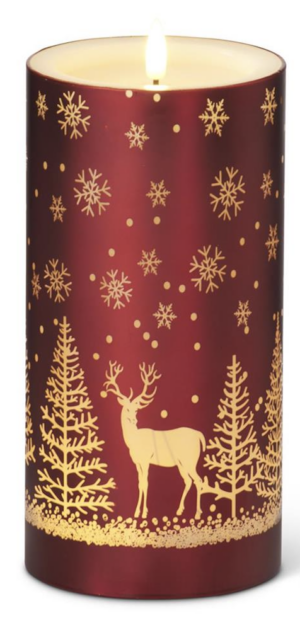 Large LED Red Candle with Snowflakes and Reindeer