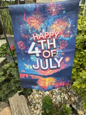 Happy 4th of July garden flag with fireworks