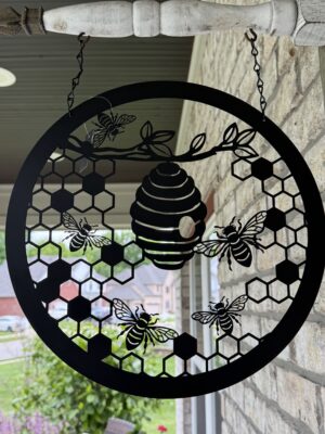 Hanging circular bee hive and honeycomb decoration