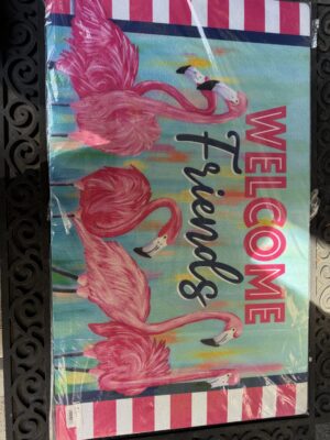 Welcome Friends doormat with pink flamingos