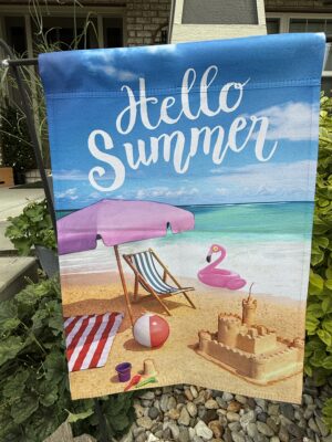 Hello Summer beach flag with umbrella, sandcastle