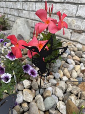 Pink garden flowers with hummingbird silhouette
