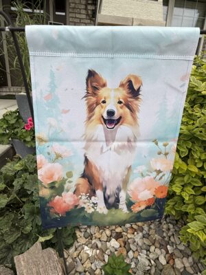 Smiling collie illustration on floral garden flag