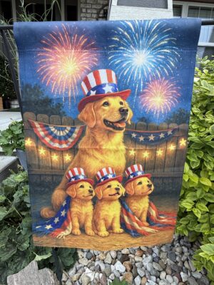Patriotic golden retriever family with fireworks